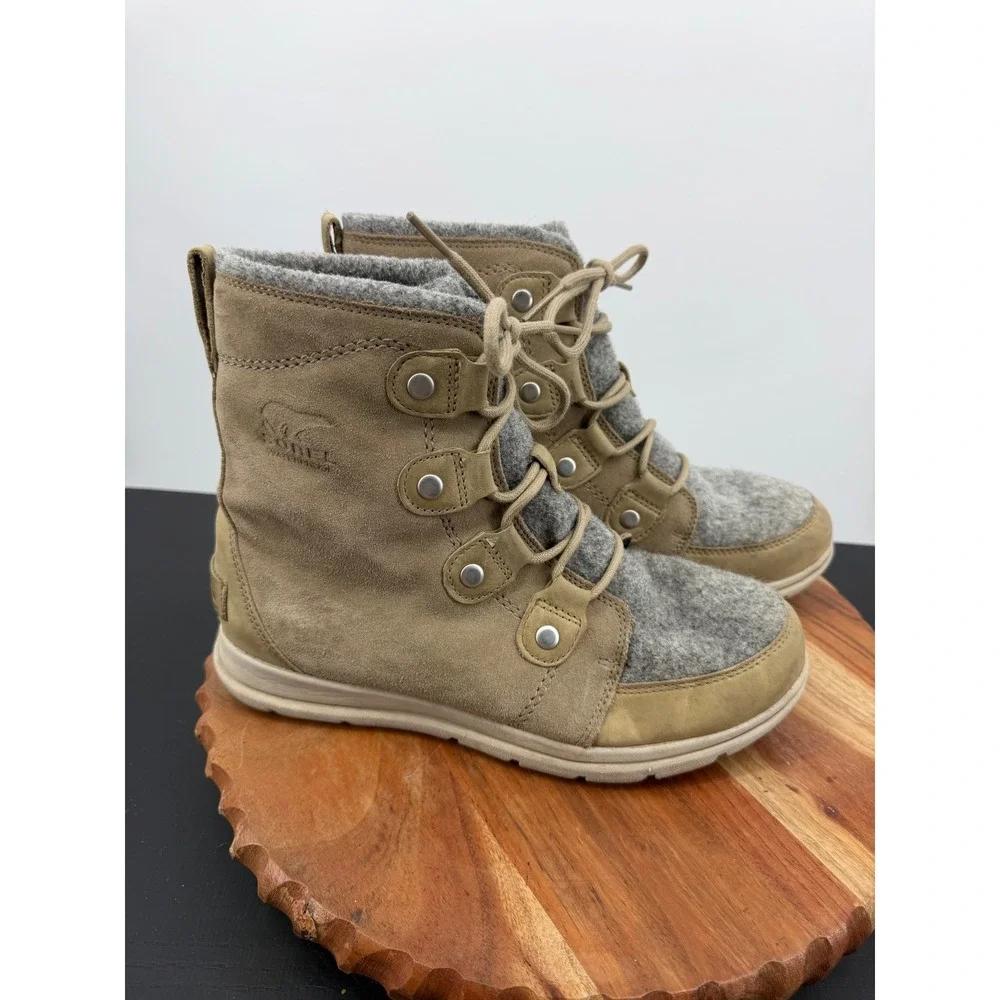 Sorel Explorer Joan felt Waterproof Boot Women 8.5 Khaki Suede Felt NL3423-297